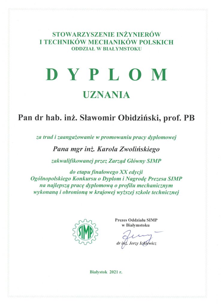 Dyplom uznania dla Pana dr hab. inż. Sławomira Obidzińskiego, prof. PB