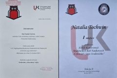 Zaświadczenie i Dyplom Pani Natalii Tochwin, studentki II sem. I st. kierunku Architektura Krajobrazu